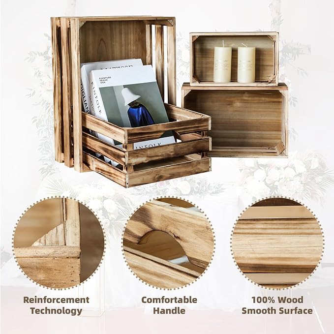 Set of 4 Large Torched Wood Decorative Storage Crates, Nesting Wooden Crates for Display Rustic, Farmhouse Wooden Storage Container Boxes Made from 100% Wood - Image 4