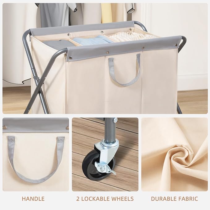 STORAGE MANIAC 160L Collapsible Laundry Hamper with Wheels, Rolling Laundry Basket, Heavy Duty Cloth Sorter with Removable Bag, Folding X Frame Clothes Organizer Cart for Easy to Store, 3 Section - Image 7