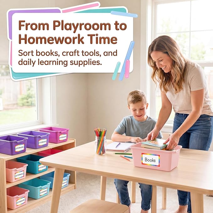 Funrous 12 Pack Book Bins for Classroom Library Plastic Cubby Storage Bins with Labels and Handles Stackable Toy Organizer Containers for Teacher Supplies Home Office Daycare Playroom (Purple Pastel) - Image 4