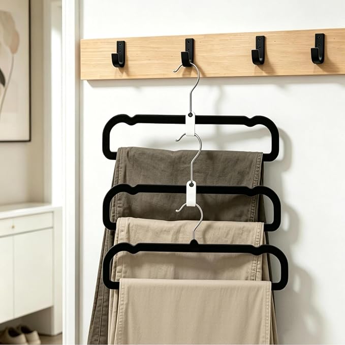 20 Pack Velvet Pants Hangers for Closet Space Saving, Thin Hanger (Black) | 35cm(L) Heavy Duty Flocked Trouser Hangers, Durable, Clothes Hanger with Silver Swivel Hook, Jean Hangers for Women and Men - Image 6