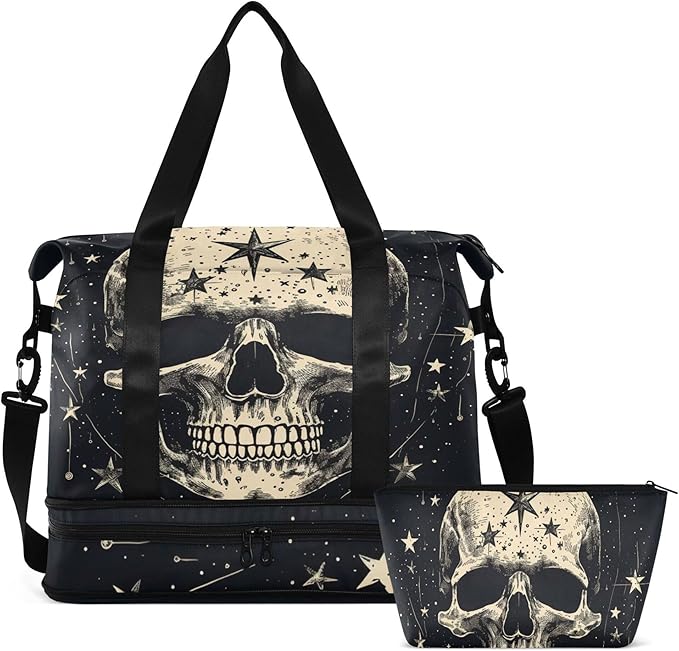 Travel Duffel Tote Bag Gothic Skull Sports Duffel Bag with Wet Pocket Weekender Overnight Bag for Women Men Gym Bag, Carry On Bag Hospital Bag for Labor and Delivery by MNSRUU