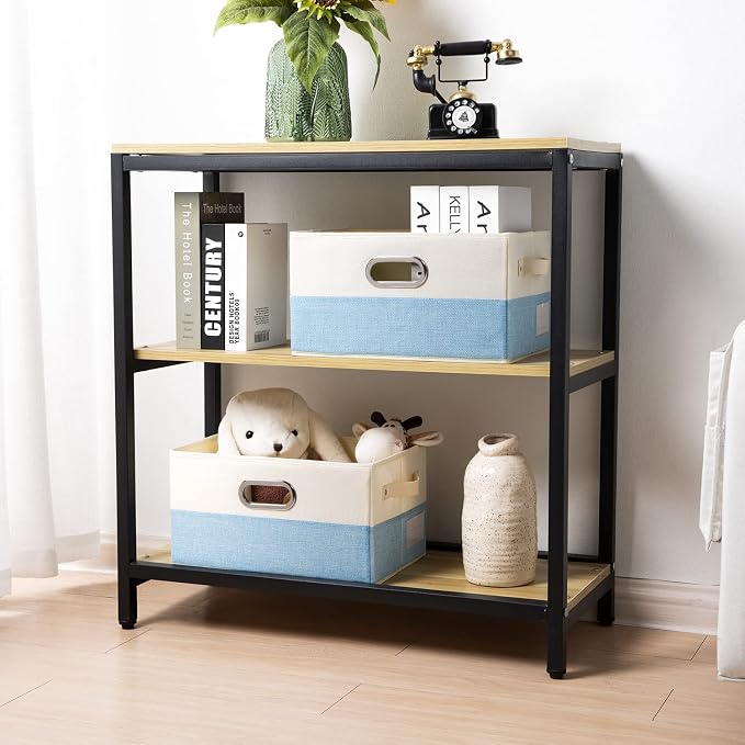 Large Fodable Storage Baskets for Closet [3-pack] Decorative Fabric Storage Bins Cubes with Leather/Metal Handles for Shelves Bedroom Living Room Blue&Cream (14.9x9.8x8.3 Inch) - Image 2
