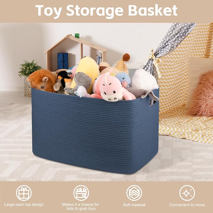 OIAHOMY 118L XXXLarge Cotton Rope Storage Basket, Oversized Blanket Basket, Used for Organizing Dirty Clothes in Living Room, Bedroom, Nursery, Dog Toy Storage Bins, 25" x 17" x 16",Blue - Image 4