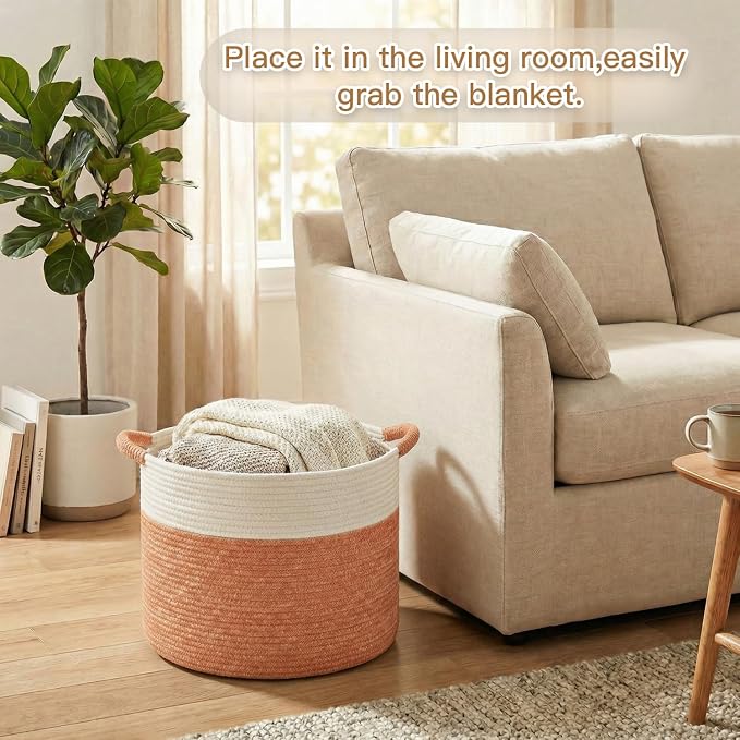 Artfeel 70L Large Cotton Rope Basket, Decorative Woven Blanket Storage for Living Room, Boho Toy Storage & Toy Box for Kids, Versatile Laundry Basket & Nursery Hamper for Blankets(Orange) - Image 2