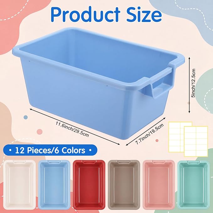 Thyle 12 Pieces Plastic Cubby Bins with Labels Classroom Book Bins Stackable Storage Container Durable Toy Storage Organizer Baskets for School Classroom Office (Handle,Morandi Color2) - Image 2