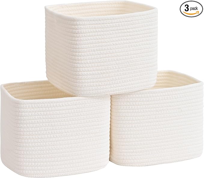 3 Pack Cube Storage Bin, 9”x9”x7” Cotton Rope Woven Baskets for Organizing Toys Clothes Towels, Square Gift Storage Baskets for Shelves, Nursery, Closet, Bathroom, Pantry (White) by Degeyoyo