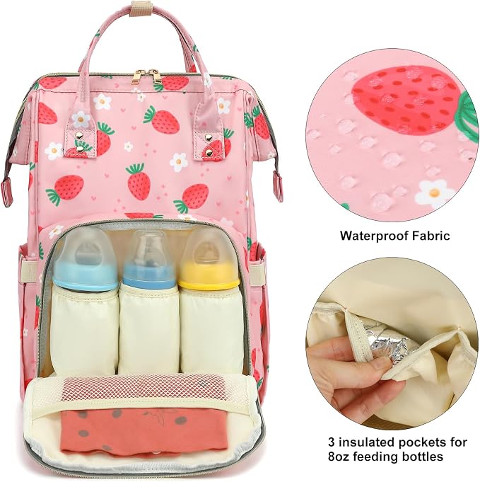 Strawberry Baby Diaper Bag Backpack for Girls Boys, Waterproof Large Maternity Nappy Bags for Mom - Image 2