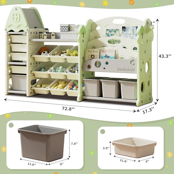 Pipleo Kids Toy Storage Organizer with 17 Removable Bins, 4-Tier Bookshelf for Kids, Multi-Purpose Castle-Shaped Toy Organizer for Playroom, Bedroom, Nursery, Living Room (Green) - Image 2