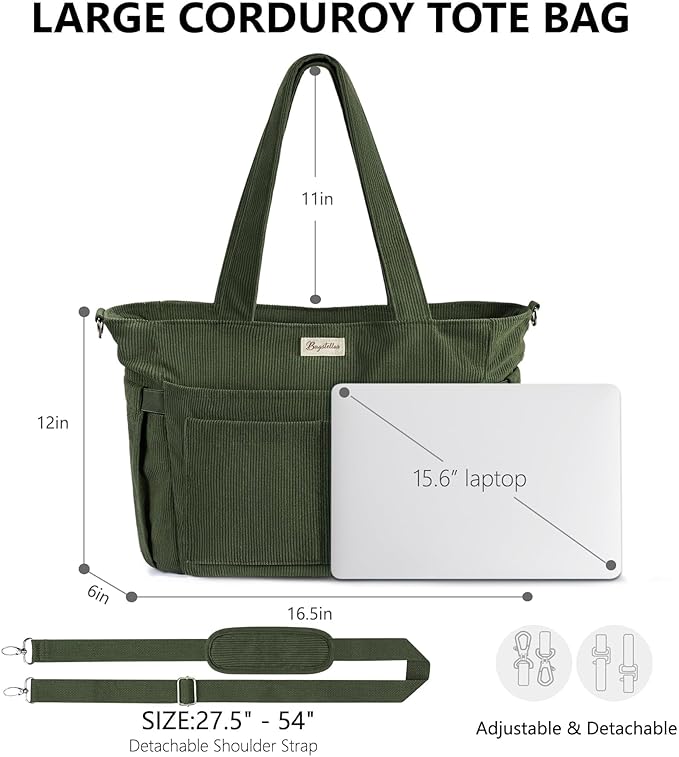 Bagstellar Corduroy Tote Bag for Women, 17 Pockets Laptop Work Tote Purse | Large 15.6” Computer Bag w/ 40oz Cup Holder & Strap, Zipper Teacher Nurse Bible Shoulder Bag for School Travel College Office - Image 2