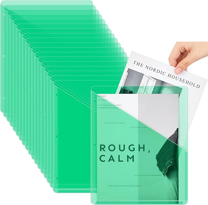 Seajan 48 Pcs Binder Pocket Folders, Clear 3 Ring Binder, Green | Plastic Folders Sleeves with 2 Pockets, Poly Slash File Jackets, 3 Hole Punched Dividers for School, Office, Documents by Seajan
