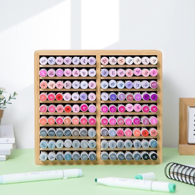 Ohuhu Bamboo Marker Organizer, Wooden Desktop Storage Holds 126 Markers | Markers Pens Pencils Art Brushes Stationary Organizer Pencil Holder with 18 Compartments for Classroom Office Decor Home - Image 5