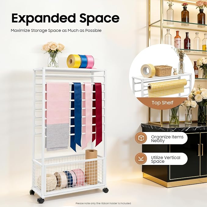 Ribbon Holder Organizer Rack, 16-Layer Double-Sided Expandable Wrapping Paper Rack, Ion Rolling Ribbon Storage Rack with Top Shelf and Bottom Basket for Flower Shop, Craft Room, H: 60Inch - Image 4