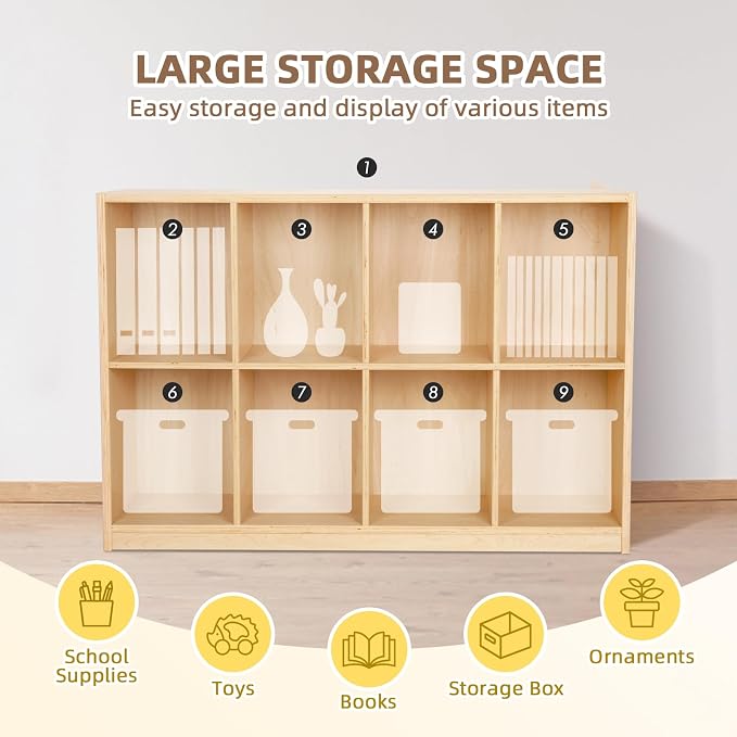 OOOK 8-Compartment Wooden Storage Cabinet, Kids Toy Storage Organizer Large | FSC Safety, Montessori Bookshelf for Classroom, Playroom, Kindergarten, Living Room, Office, 46"W×11.7"D×31.5"H - Image 3