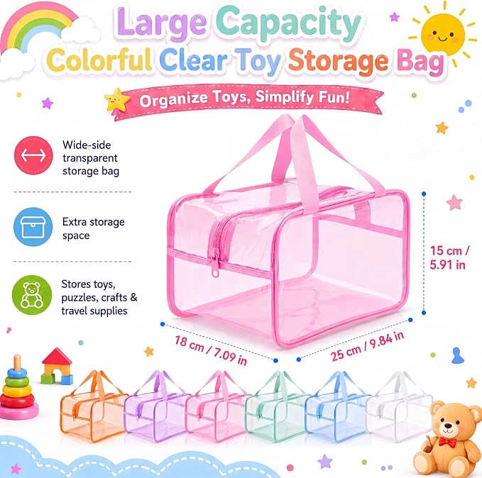 Shinylin 12 Pack Pastel Large Toy Storage Bags with Zipper 9.8 x 5.9 x 7.1 Inch Reusable Waterproof PVC Board Game Storage Bags with Labels for Puzzles Building Blocks Book Stationery - Image 2