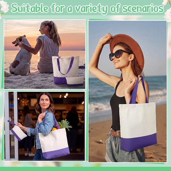 Sanwuta 30 Pcs Canvas Tote Bags Bulk with Zipper Cosmetic Pouch,Purple | 18.5" Reusable Cotton Shopping Bag with Handle for DIY Craft - Image 2
