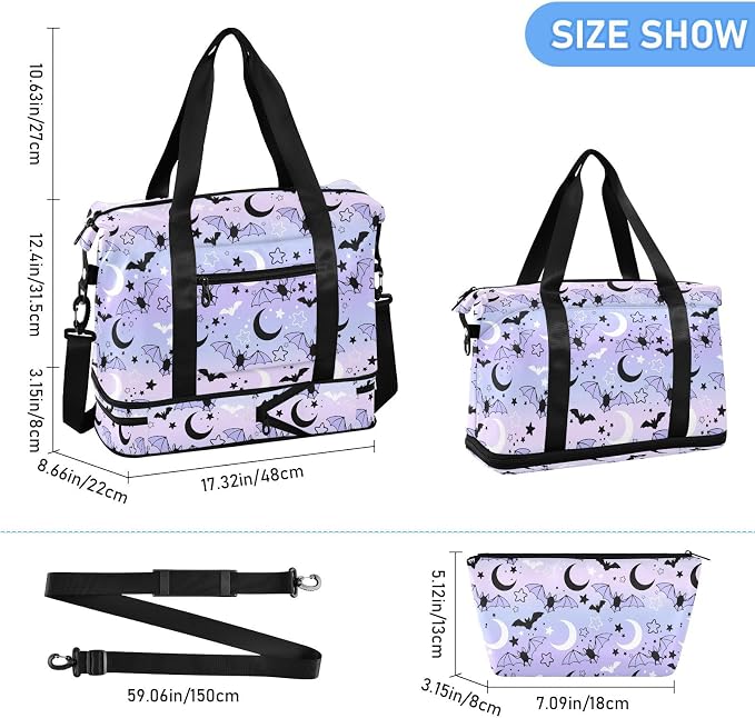 Travel Duffel Tote Bag Bat Starry Sky Sports Duffel Bag with Wet Pocket Weekender Overnight Bag for Women Men Gym Bag, Carry On Bag Hospital Bag for Labor and Delivery - Image 2