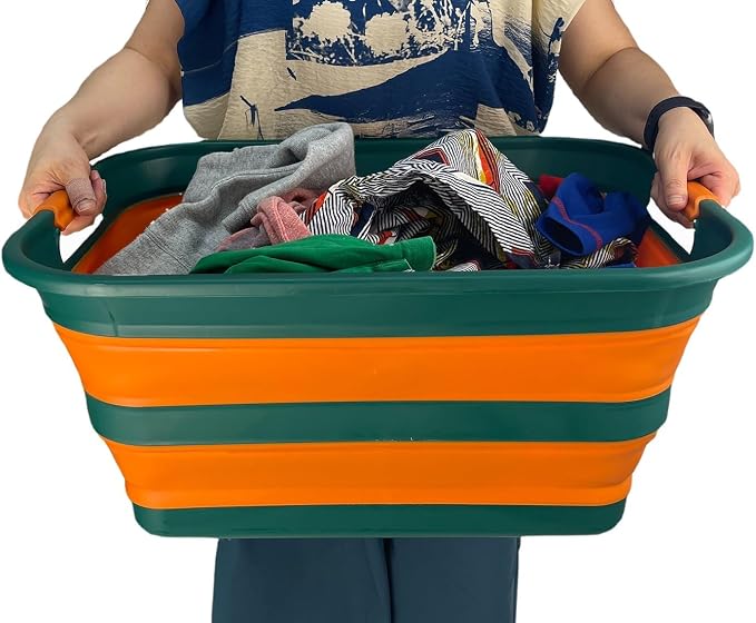 SAMMART Collapsible Plastic Laundry Basket with Handle/Foldable Pop Up Storage Hamper/Portable Laundry Organizer-Space Saving Washing Tub/Household Storage (Teal Green/Autumn leaf, 42L) - Image 7