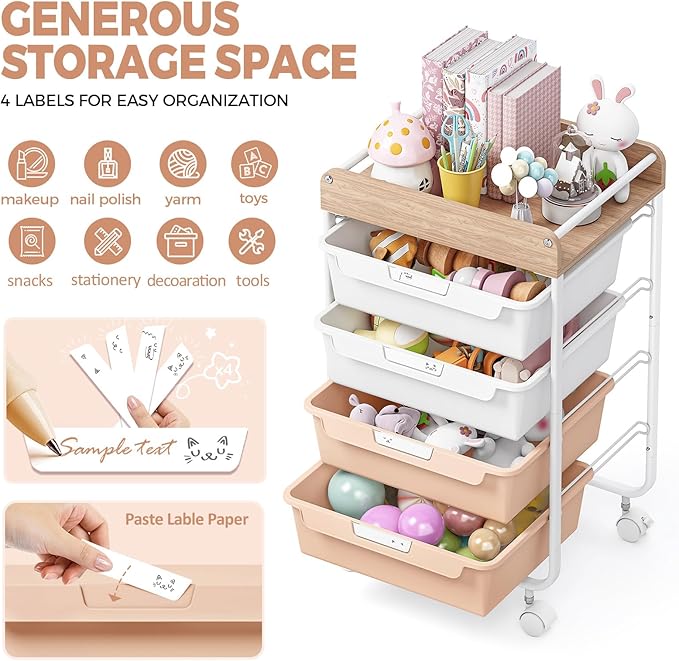 SYKIARIOL Rolling Storage Utility Cart with 4 Drawers,Art Cart,Pearl | Kids Craft Cart,Makeup Organizer and Storage with Wooden Tabletop - Image 2