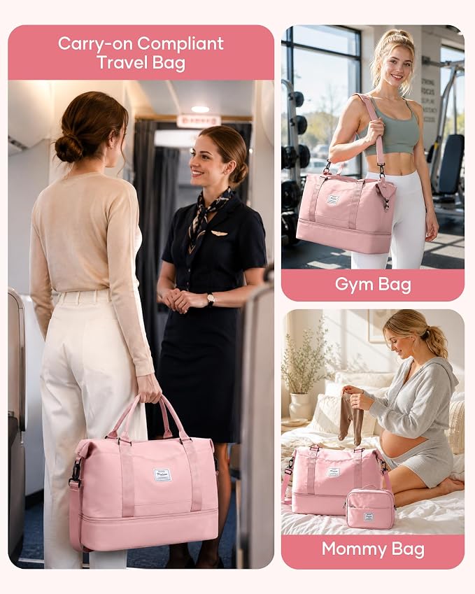 Travel Duffel Weekender Bag Women Tote Carry On Bags With Shoe Compartment | 18x14x8 inches Travel Overnight Bags with Trolley Sleeve for Airplanes Waterproof Sport Tote Gym with Toiletry Bag Pink - Image 8