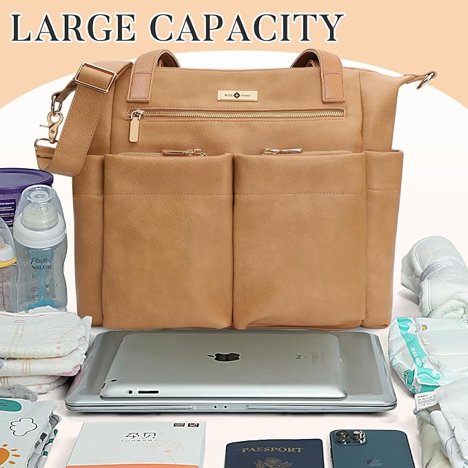 miss fong Diaper Bag Tote Baby Bag Leather Diaper Bag Backpack Large Diaper Tote Bag with 11 Pockets Changing Pad, Stroller Straps,4 Insulated Pockets - Image 7