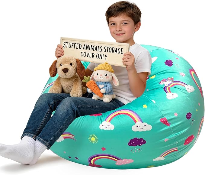 Lukeight Stuffed Animal Storage Bean Bag Chair Cover for Kids, Velvet Plush Toy Organizer Seat, Cover Only, No Filling Included, Long YKK Zipper, Side Pocket, X-Large 30"D x 18"H by Lukeight