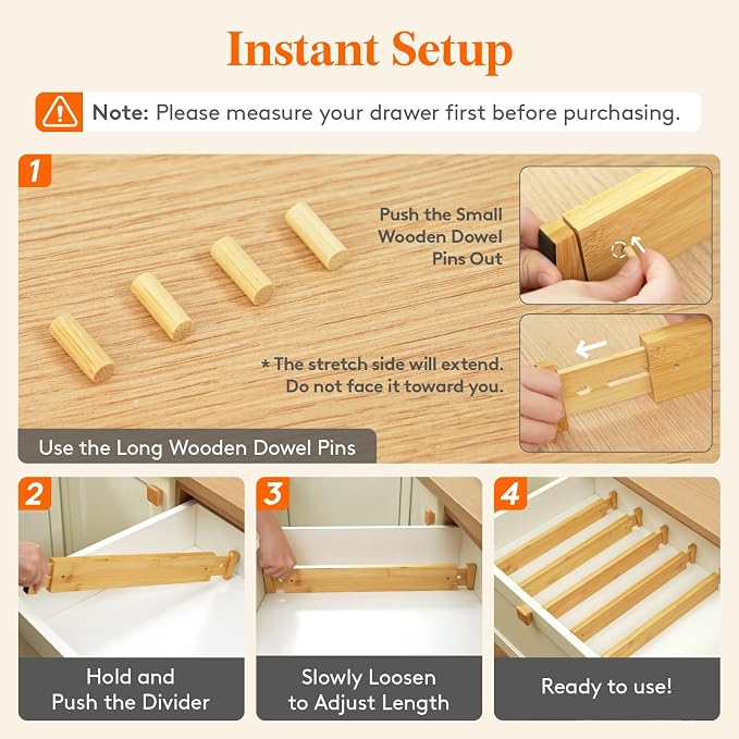 Lifewit 2.4" Kitchen Drawer Dividers, Adjustable Bamboo Drawer Organizers | 6 Pack 17.5"-22" Expandable Drawer Separator for Clothes, Utensils, Dresser, Cabinet, Closet, Nursery Organization & Storage - Image 4