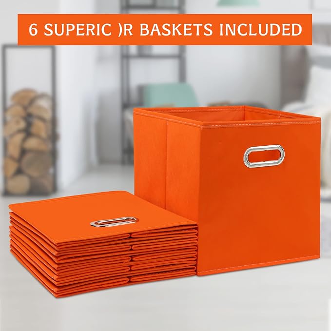 Black Fabric Cubby Storage Bins,13x13x13 Inches ,Cube Organizer Bin Foldable Storage Boxes with Dual Handles Fabric Organizer Box and collapsible Storage basket,Set of 3,Orange - Image 5