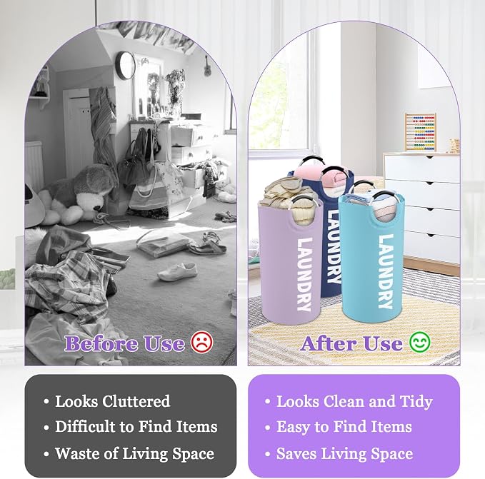 95L 3Pack Large Laundry Hamper, Foldable Laundry Basket with Handles, Dirty Clothes Basket in 600D Oxford Fabric, Clothes Hampers for Bedroom, Living Room, Bathroom, Purple + Navy Blue + Blue - Image 7
