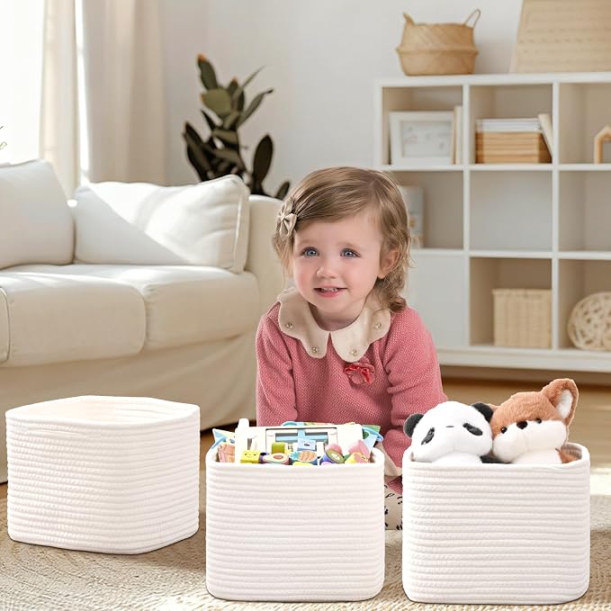 3 Pack Cube Storage Bin, 9”x9”x7” Cotton Rope Woven Baskets for Organizing Toys Clothes Towels, Square Gift Storage Baskets for Shelves, Nursery, Closet, Bathroom, Pantry (White) - Image 2