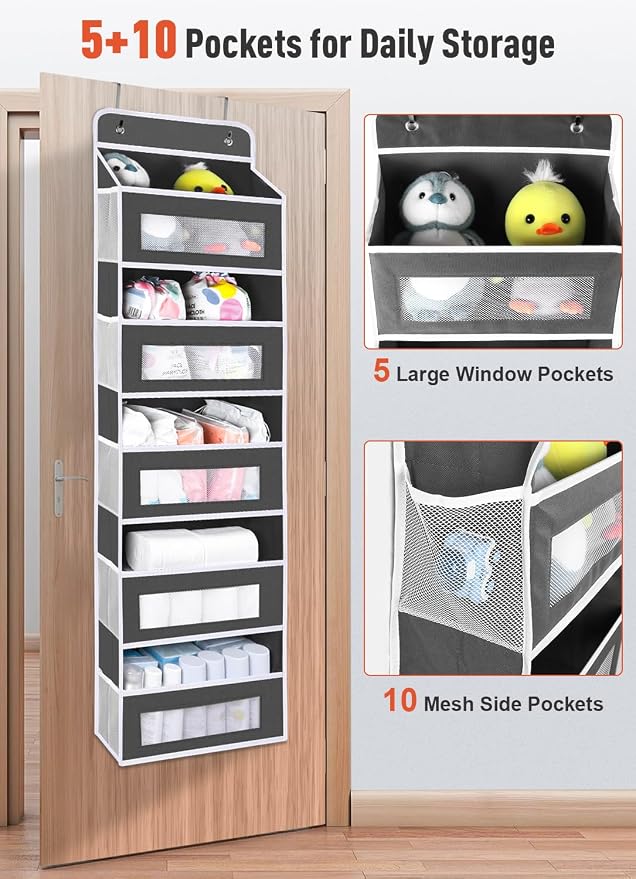 Upgrade Pocket 2 Pack Over The Door Organizer Storage, 5 Shelf Hanging Door Organizers with 10 Large Capacity Pockets, Anti Tilt 48 lb Load Behind Door Organizer for Bedroom, Bathroom, Pantry - Image 4