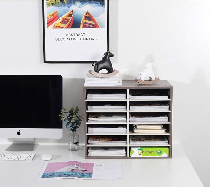 TQVAI Wood Literature Organizer, 12 Slots Hold 6000 Sheets A4 Papers, Wooden Desk Paper File Storage Organizer with Adjustable Shelves, Mailbox Cubbies for Office Home Classroom, Retro Grey/White - Image 2