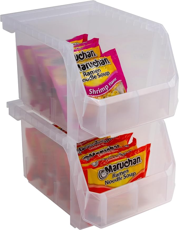 Medium-Tall Stackable Plastic Storage Bins, 4-Pack, Clear | Open-Front Stackable Bins For Garage, Pantry, Closet & Office, 7"L X 11"W X 8"H, Nests When Empty, Durable Plastic - Image 7