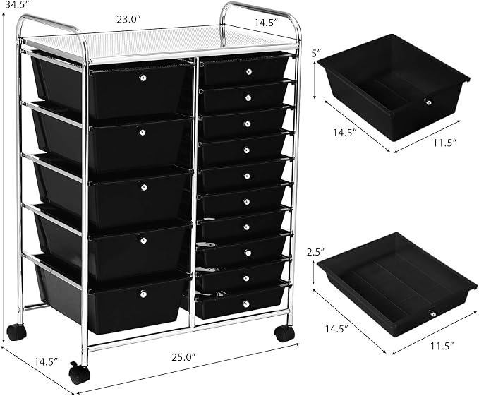 GOFLAME 15-Drawer Rolling Storage Cart, Craft Storage Cart with Removable Drawers & Lockable Wheels, Art Cart Supply Storage Organizer for Home Office Classroom, Black - Image 3