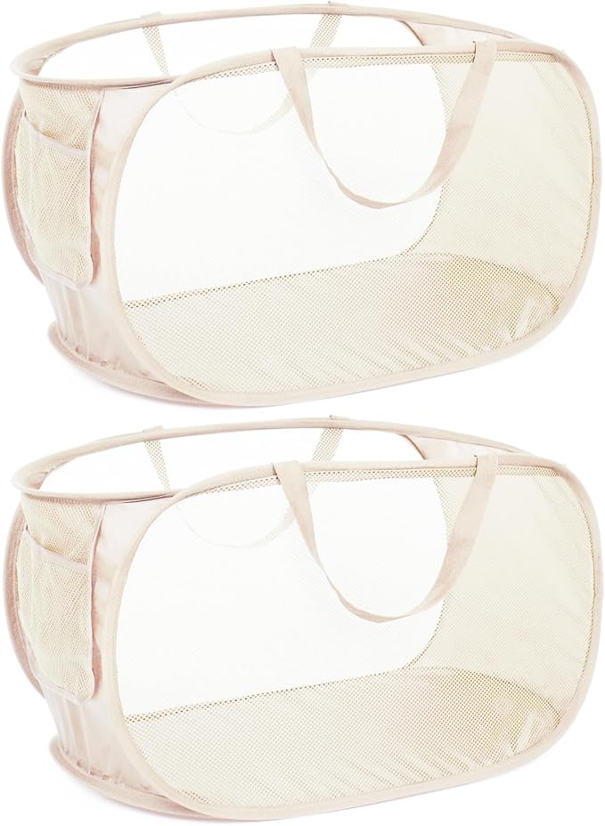 Durable Collapsible Laundry Baskets, Mesh Pop Up Laundry Hamper with Side Pocket, Foldable Clothes Hamper with Reinforced Carry Handles for Laundry, Bathroom, Kids Room, Dorm or Travel 2 Pack Beige by Bemkoo