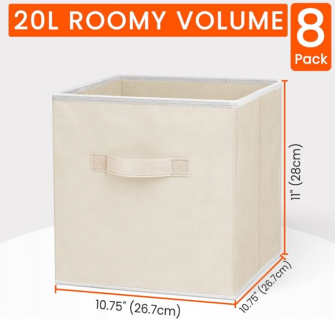 Storage Cubes - 11 Inch Heavy Duty Fabric Storage Bins for Shelves Closet Cube Organizer - 8 Pack Collapsible Cube Storage Bins Baskets for Clothes Blankets Toys - Nursery Organization (Beige) - Image 2