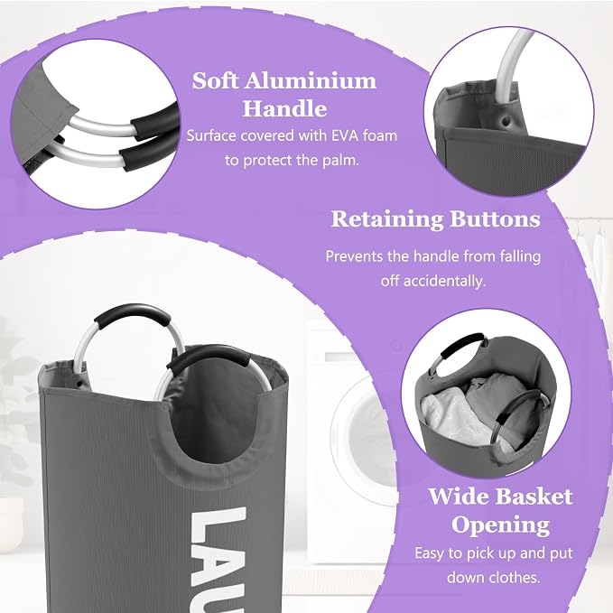 95L Collapsible Laundry Basket, Clothes Hamper with Handle, Dark Grey | IHOMAGIC Freestanding Dirty Clothes Hamper, Portable Storage Basket for Clothes, Laundry Bag for Family, Travel, Camping - Image 3