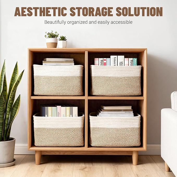 5 Pack Woven Storage Baskets, Decorative Storage Bins for Organizing | 13.8'' × 9.8'' × 7.9'', Cotton Rope Basket Organizer for Closet, Shelves, bathroom, Nursery, Toys, Books, Pantry, Khaki/White - Image 2