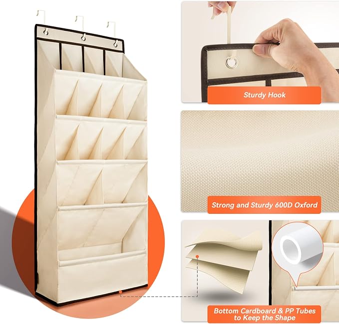 1 Pack Over the Door Shoe Organizers, Hanging Organizers with Large Pockets | with Large Deep Pocket Shoe Holder for Closet Shoes Rack for Wall, Over Door Shoe Storage Hold up to 18 Pairs Shoes, Beige - Image 2