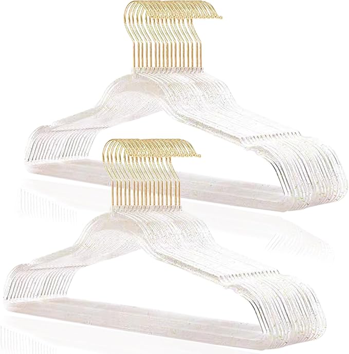 VSV stoage Clear Clothes Hangers 16", 40 Pack Plastic Coat Hanger for Adult Closet, Bling Thin Hangers with Swivel Gold Hook, Notched Shoulders Perchas - Clothing Rack for Bridesmaid Dresses by VSVstoage