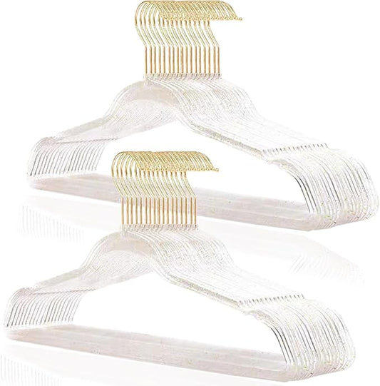 VSV stoage Clear Clothes Hangers 16", 40 Pack Plastic Coat Hanger for Adult Closet, Bling Thin Hangers with Swivel Gold Hook, Notched Shoulders Perchas - Clothing Rack for Bridesmaid Dresses by VSVstoage