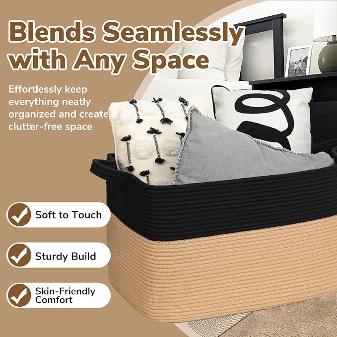 Goodpick 105L Extra Large Woven Blanket Basket Cotton Rope Storage Baskets for Organizing, Kids Toy Storage Organizer for Living Room Nursery, 25"x16"x16", Black & Jute - Image 5