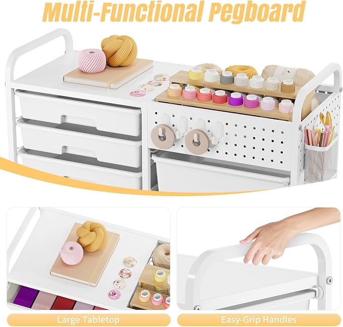 14 Drawer Rolling Storage Cart with Tabletop and Pegboard for Crafts White | Easy Setup, Large Capacity, Sturdy Build, Smooth Mobility, For classroom, office and dorm supplies - Image 4