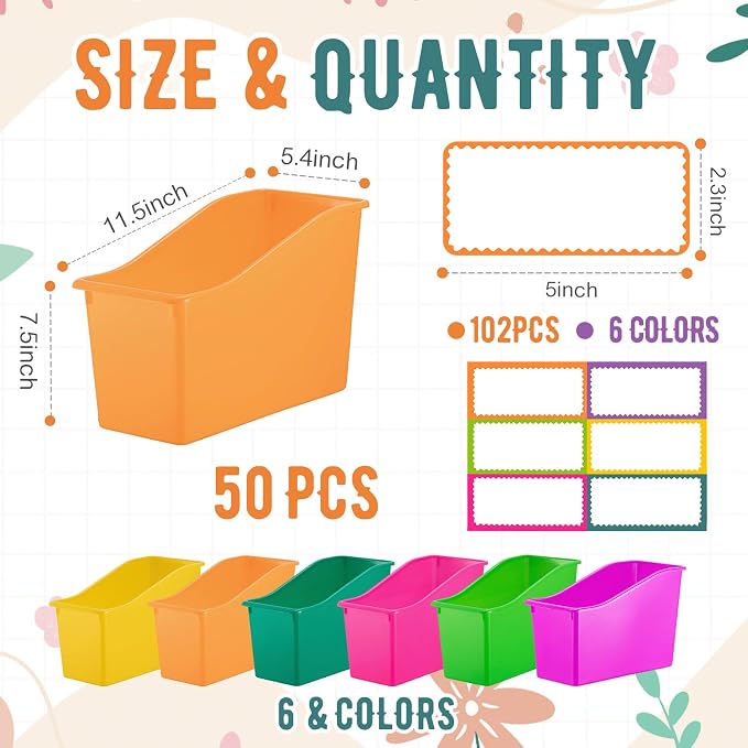 Geetery 50 Pcs Book Bin for Classroom with Labels Stackable Plastic Organizing Bins 11.5 x 5.4 x 7.5 in Book Holders Storage Bins Box Baskets for Classroom Library Home (Bright Color) - Image 2
