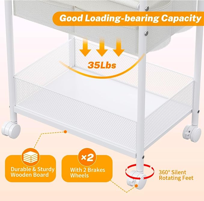 3-Tier Diaper Caddy Organizer & Rolling Cart,Metal Utility Cart with 4+2 Dividers & Lockable Silent Casters, Mobile Storage Cart for Nursery Essentials, Multi-Purpose for Kidsroom Changing Table - Image 2