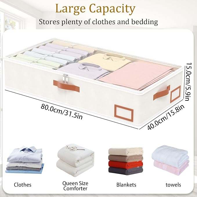 Yawinhe 48L Under Bed Storage Containers,4 Pack Blanket Bags,Beige | Foldable Underbed Storage Bins for Linen Sheets; Closet Organizer with Clear Window and 4 Handles, for Clothing - Image 4