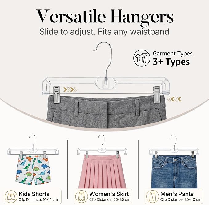 HOUSE DAY Clear Pants Hangers with Clips 12 Pack, Plastic Skirt Hangers for Women, 14 Inch Clip Hanger for Pants, Skirts, Jeans, Shorts, Legging, with 360-degree Swivel Hook, 2 Adjustable Clips - Image 7