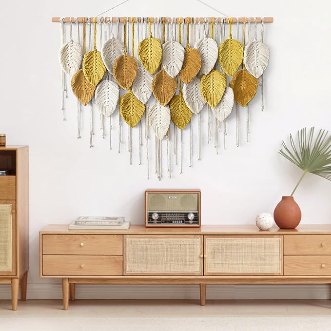 Large Macrame Wall Hanging Boho Woven Tapestry Bohemian Farmhouse Wall Art | KHOYIME Handmade Yellow Leaf Feather Chic Modern Home Decoration for Living Room Bedroom Nursery Dorm Backdrop 39"W X 29.5"L - Image 4