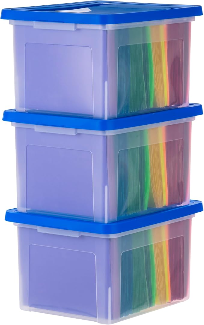 IRIS USA 3-Pack 35 Qt. Letter/Legal File Box with Lid, Clear/Blue | Organize lesson plans, classroom files and teaching materials with clear storage for teachers, schools and educators by IRISUSA