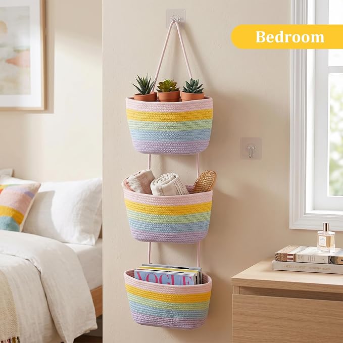 TeoKJ Over the Door Hanging Basket, 3-Tier Woven Cotton Wall-Mounted Storage Organizer Bag Decorative Hanging Nursery Baskets, Rainbow - Image 6