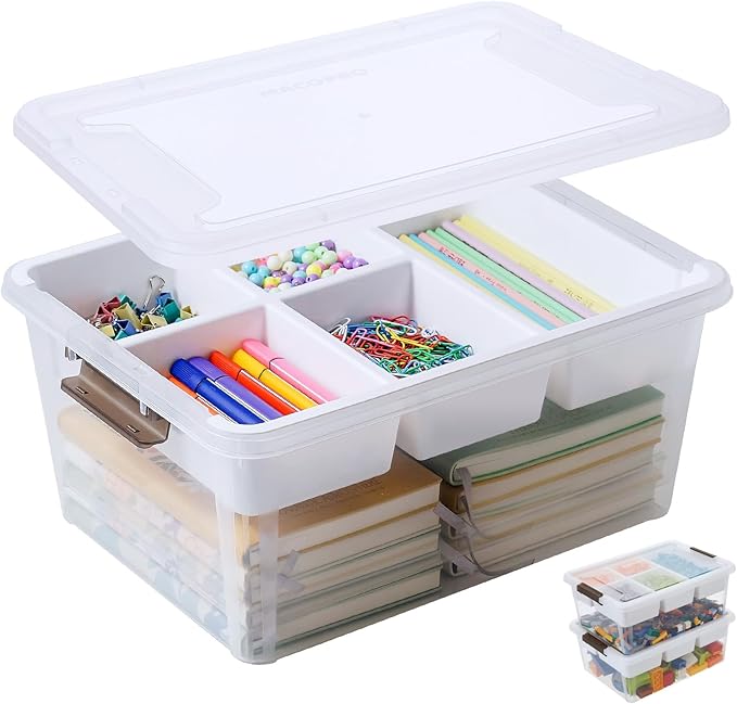 MACOPRO 17QT Clear Plastic Box Craft Storage Bin with Removable Tray & Lid | 1-pack container, art supply organizer for playdoh, sewing, beads & craft tools, space-saving stackable bins organization by MACOPRO